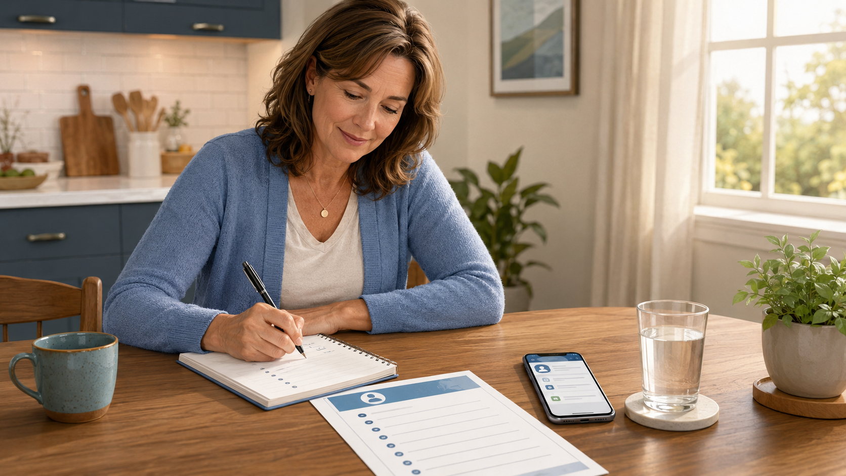 A midlife woman at a kitchen table writing down questions to ask before vascular surgery appointment, with a checklist and patient portal on her phone.