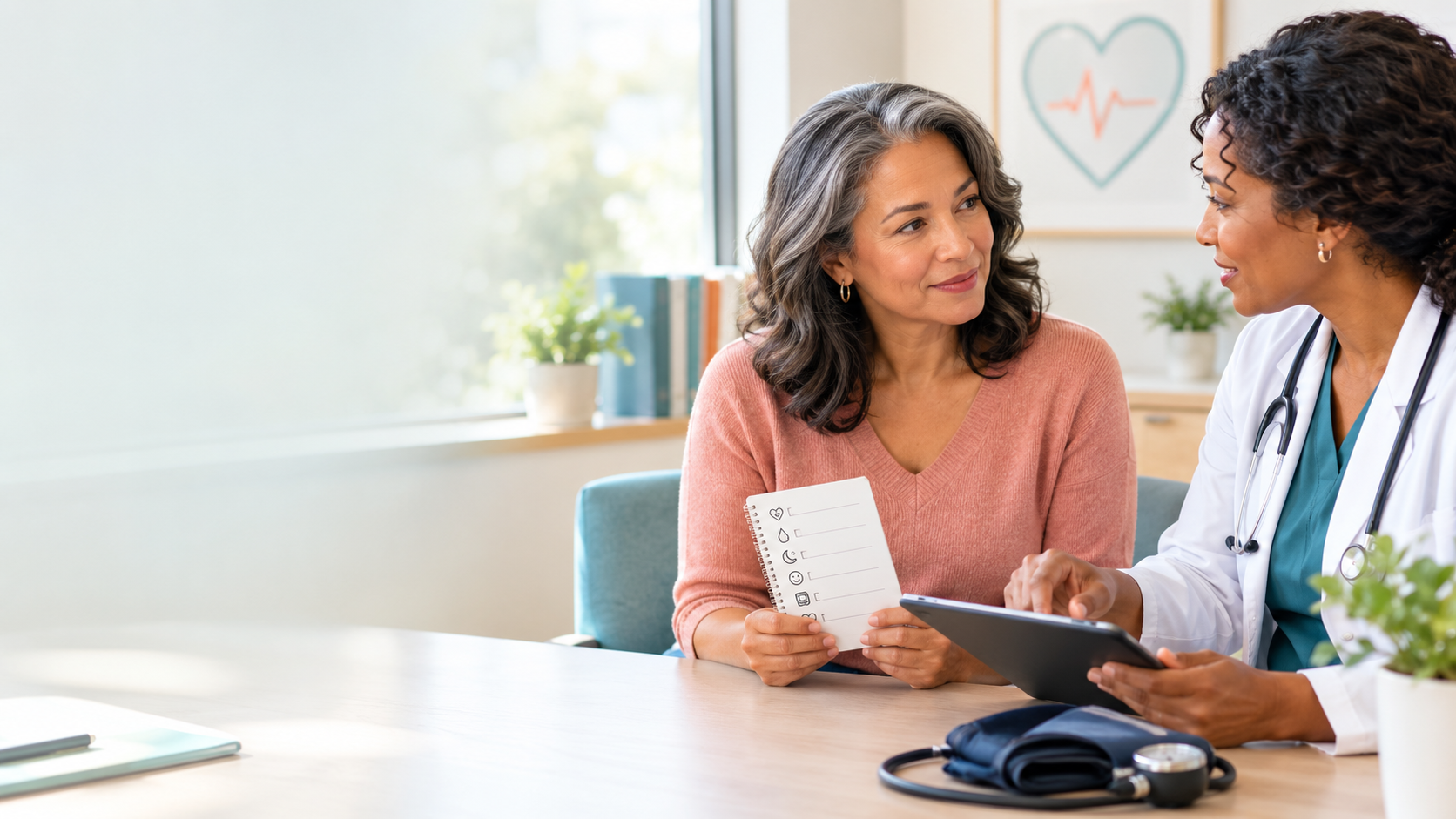 Woman in her late 40s discusses perimenopause and heart health with a female healthcare provider during a medical appointment.