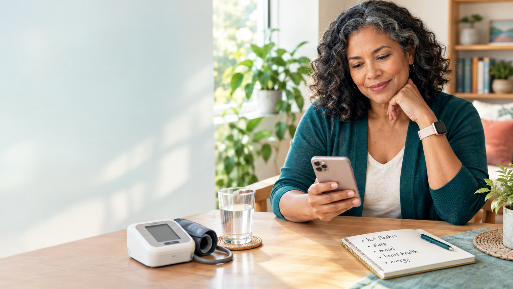A woman in her late 40s or early 50s sits at a sunlit table at home, thoughtfully looking at a smartphone. A blood-pressure monitor, glass of water, smartwatch, notebook, and houseplant are nearby. The notebook contains a short handwritten list about hot flashes, sleep, mood, heart health, and energy that she is experiencing during perimenopause. She is learning about women's heart health and femtech.